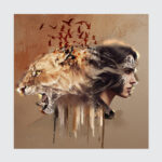 Primal Unity: Lion & Maiden Surrealist Canvas