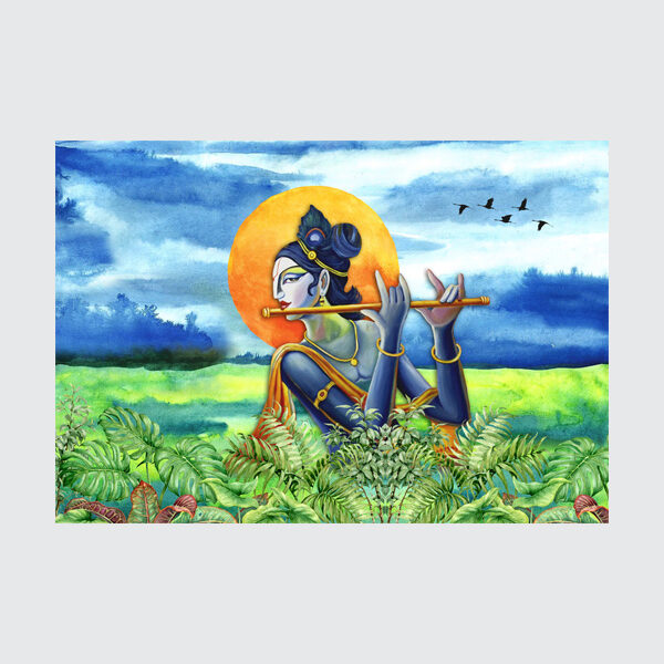 Divine Melody - Krishna with Flute at Sunset
