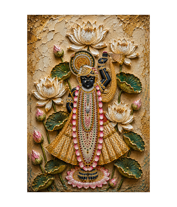 M308 portrait_ 45x65 Modern ( pichwai) art_A Golden Lotus Shrinathji - Image 1