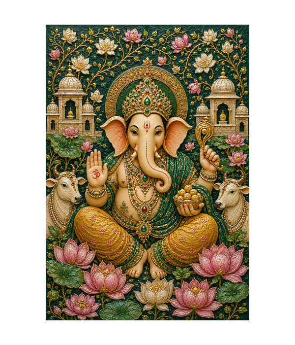 M330 portrait_ 45x65 Modern art_A ( pichwai ) The Azure Ganesha Relief Mural - Image 1