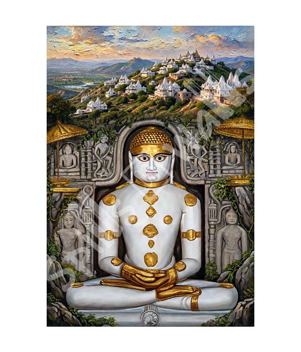 M1149 portrait_ 45x65 Modern art_A White Jain Tirthankar with Palitana Temple - Image 1