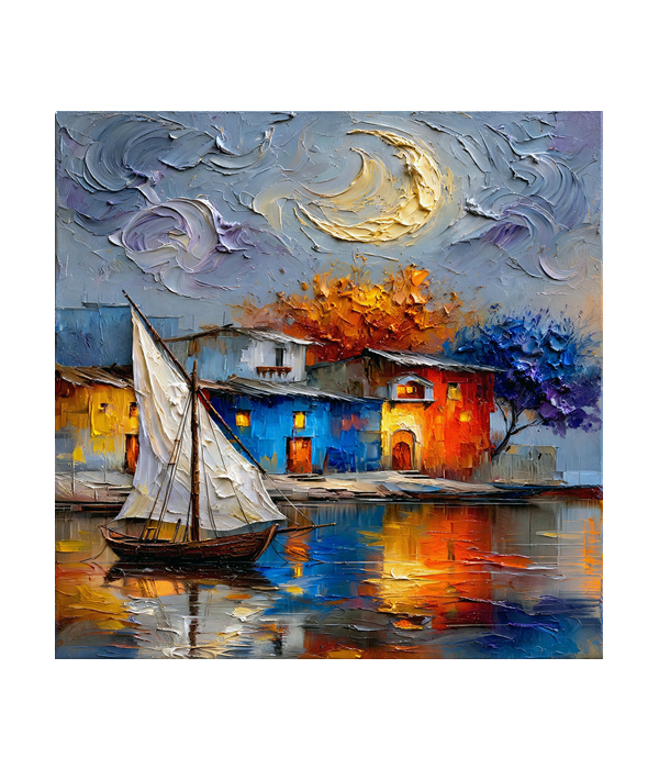 M428 square_ 45x45 Modern art_A Moonlit Harbor Reflections - Image 1
