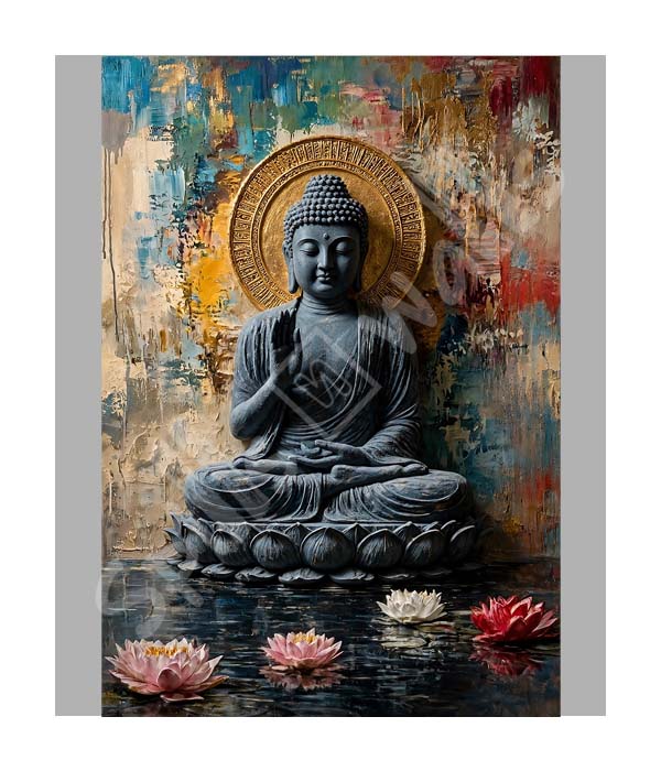 MP_1161 portrait_ 45x65 Modern art_A Lotus Pond Grey Buddha Canvas - Image 1
