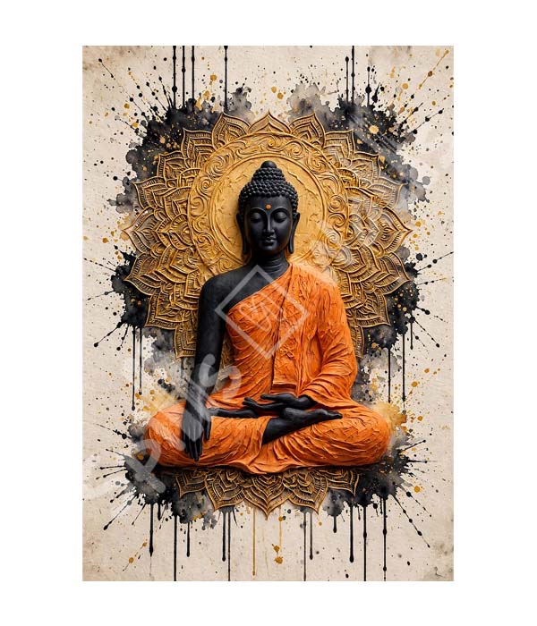 MP_1164 portrait_ 45x65 Modern art_A Mandala Buddha Black & Orange Canvas - Image 1