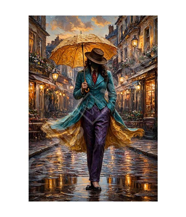 M3029 portrait_ 45x65 Modern art_A Golden Umbrella Lady - Image 1